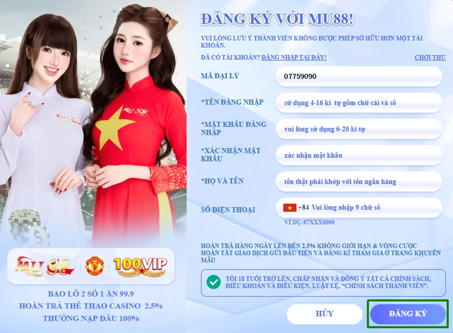 Biểu mẫu đăng ký tài khoản Mu88